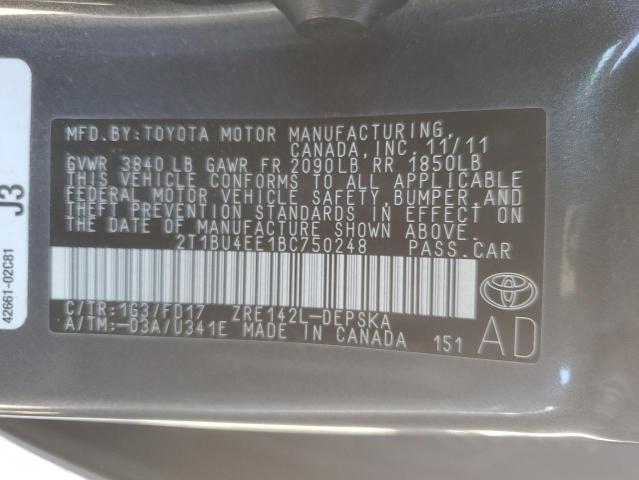 2T1BU4EE1BC750248 - 2011 TOYOTA COROLLA BASE GRAY photo 12