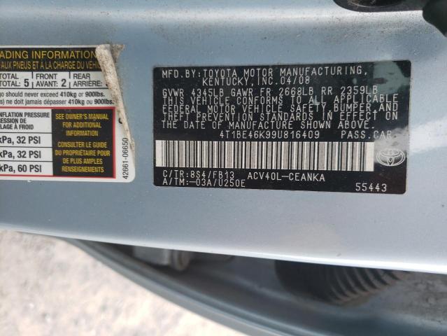 4T1BE46K99U816409 - 2009 TOYOTA CAMRY BASE BLUE photo 12