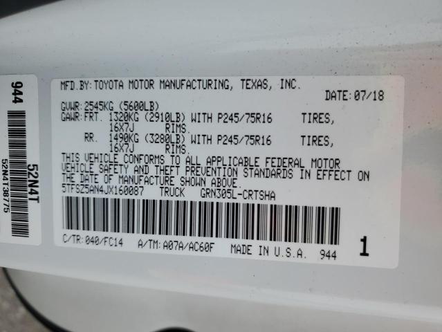 5TFSZ5AN4JX160087 - 2018 TOYOTA TACOMA ACCESS CAB თეთრი ფოტო 12