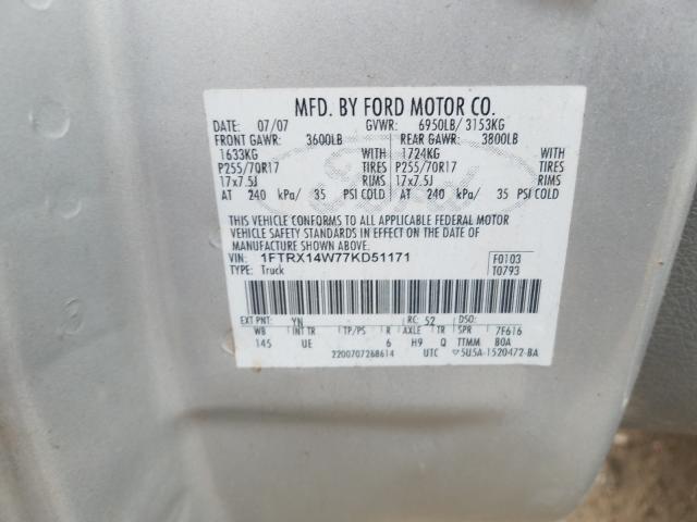 1FTRX14W77KD51171 - 2007 FORD F150 SILVER photo 10