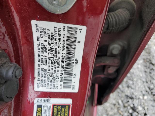 1HGFA16567L004211 - 2007 HONDA CIVIC LX BURGUNDY photo 12