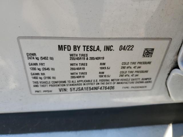 5YJSA1E54NF476406 - 2022 TESLA MODEL S 白色 照片 12