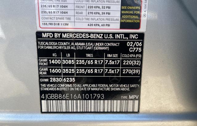 4JGBB86E16A101793 - 2006 MERCEDES-BENZ ML 350 SILVER photo 10