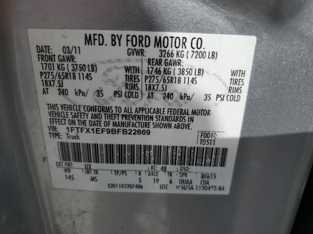 1FTFX1EF9BFB22669 - 2011 FORD F150 SUPER CAB SILVER photo 12