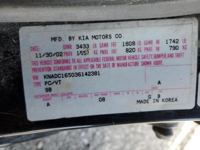 KNADC165036142381 - 2003 KIA RIO CINCO BLACK photo 12