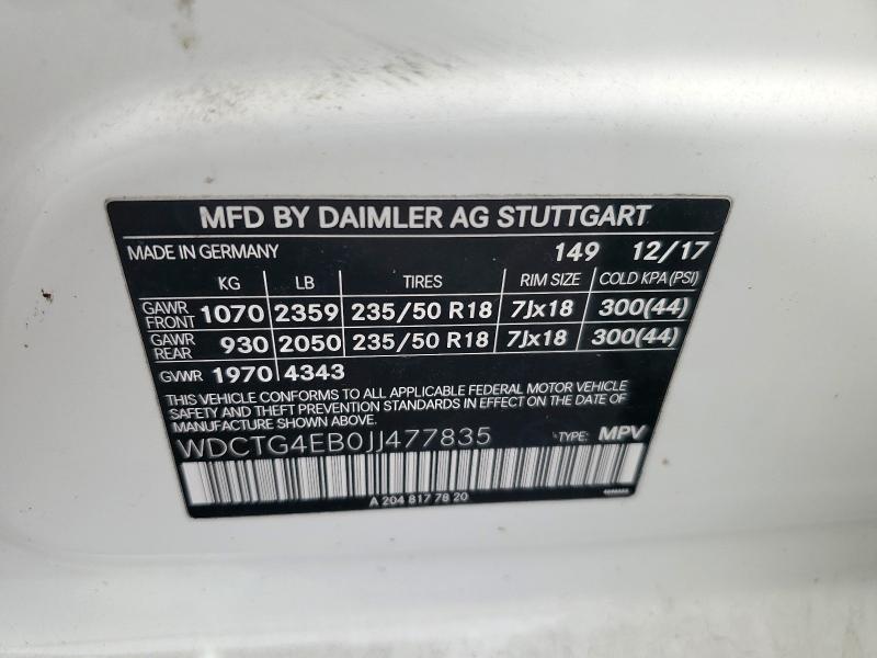 WDCTG4EB0JJ477835 - 2018 MERCEDES-BENZ GLA 250 Beyaz fotoğraf 12