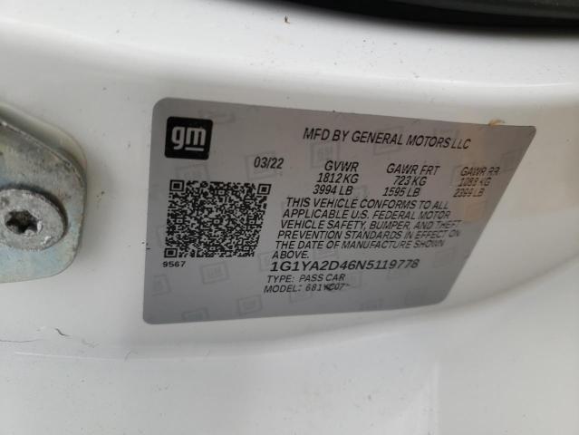 1G1YA2D46N5119778 - 2022 CHEVROLET CORVETTE STINGRAY 1LT WHITE photo 12