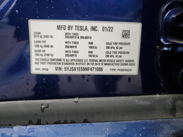 5YJSA1E59NF471086 - 2022 TESLA MODEL S 蓝色 照片 12