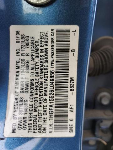 1HGFA15526L049856 - 2006 HONDA CIVIC LX BLUE photo 12