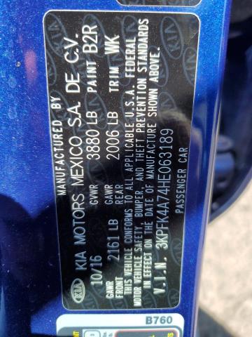 3KPFK4A74HE063189 - 2017 KIA FORTE LX BLUE photo 12