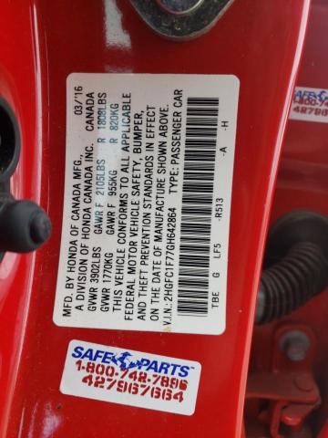 2HGFC1F77GH642864 - 2016 HONDA CIVIC EXL RED photo 12