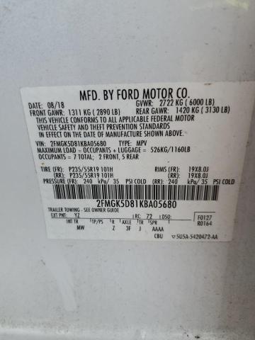 2FMGK5D81KBA05680 - 2019 FORD FLEX LIMITED WHITE photo 13