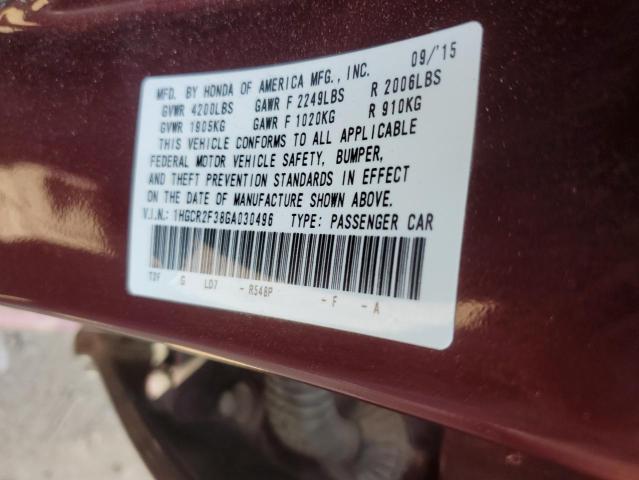 1HGCR2F38GA030496 - 2016 HONDA ACCORD LX BURGUNDY photo 13