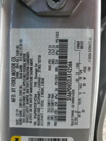 3FA6P0HD2LR142566 - 2020 FORD FUSION SE SILVER photo 12