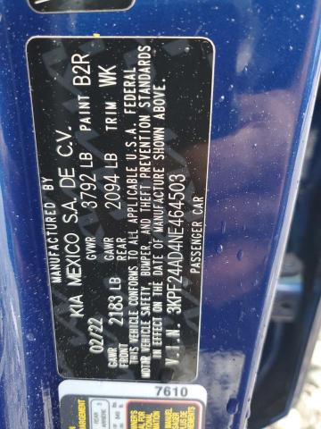 3KPF24AD4NE464503 - 2022 KIA FORTE FE BLUE photo 12