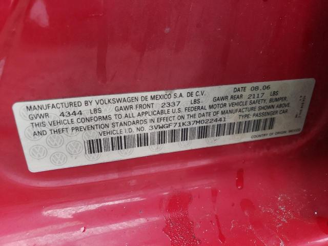 3VWGF71K37M022441 - 2007 VOLKSWAGEN JETTA RED photo 12