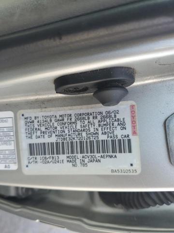 JTDBE32K720126725 - 2002 TOYOTA CAMRY LE SILVER photo 12