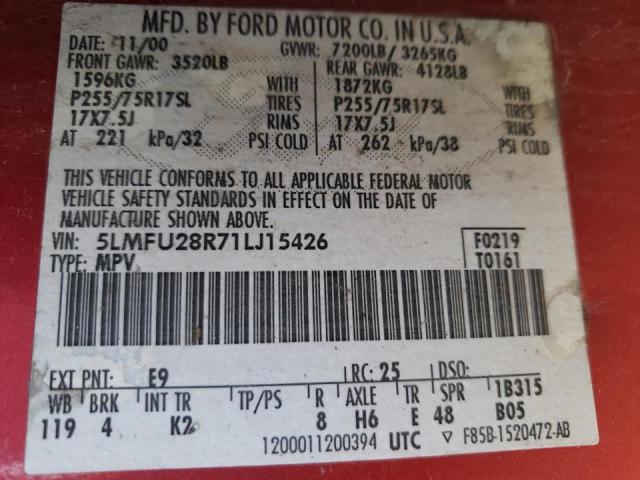 5LMFU28R71LJ15426 - 2001 LINCOLN NAVIGATOR 红色 照片 14