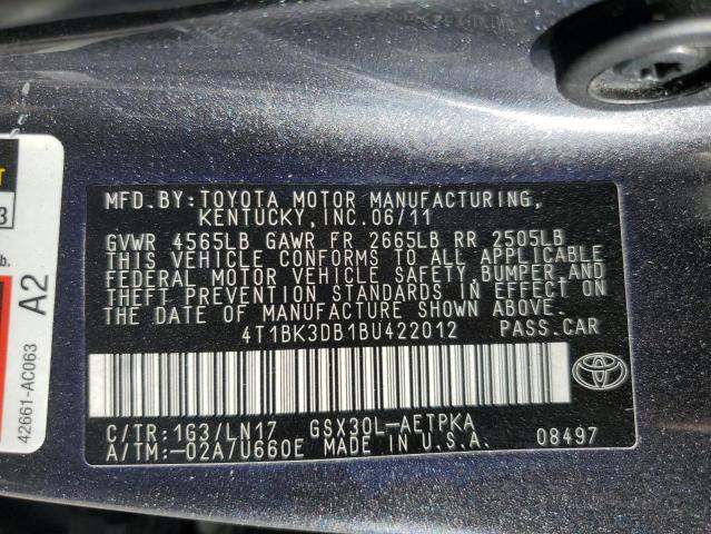 4T1BK3DB1BU422012 - 2011 TOYOTA AVALON BASE CHARCOAL photo 12