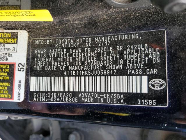 4T1B11HK5JU059942 - 2018 TOYOTA CAMRY L BLACK photo 12