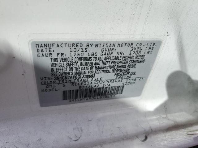 3N1CN7AP0GL838693 - 2016 NISSAN VERSA S WHITE photo 12