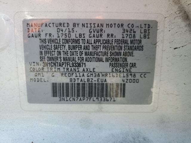 3N1CN7AP7FL933671 - 2015 NISSAN VERSA S WHITE photo 12