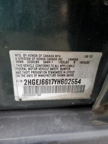 2HGEJ6617YH602554 - 2000 HONDA CIVIC BASE GREEN photo 12