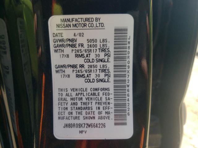 JN8DR09X72W664226 - 2002 NISSAN PATHFINDER LE 黑色 照片 10