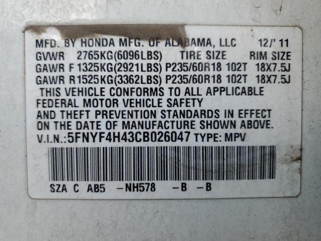 5FNYF4H43CB026047 - 2012 HONDA PILOT EX WHITE photo 13