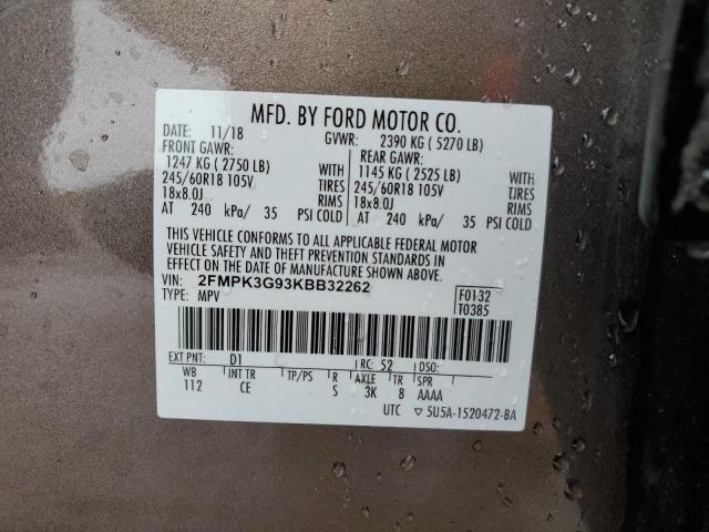 2FMPK3G93KBB32262 - 2019 FORD EDGE SE BROWN photo 12