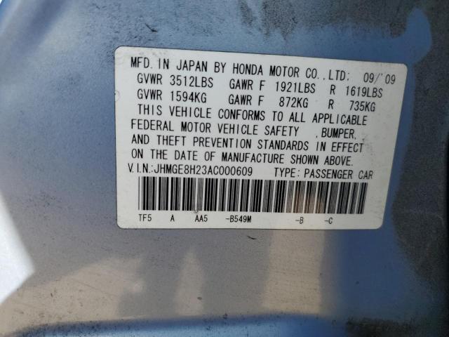 JHMGE8H23AC000609 - 2010 HONDA FIT BLUE photo 12