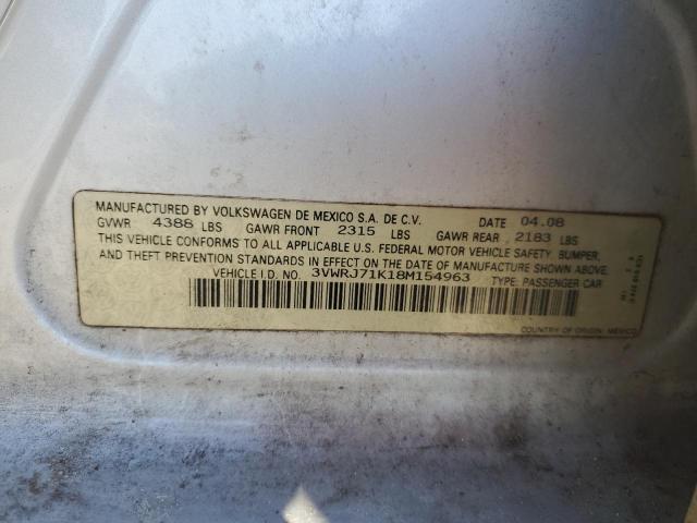 3VWRJ71K18M154963 - 2008 VOLKSWAGEN JETTA WOLFSBURG 银色 照片 12