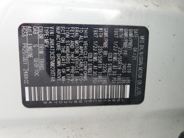 JN8AT3CB7MW230748 - 2021 NISSAN ROGUE SL WHITE photo 13