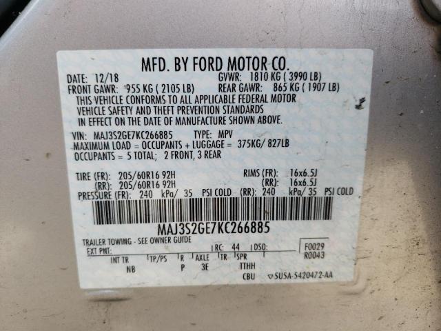 MAJ3S2GE7KC266885 - 2019 FORD ECOSPORT SE SILVER photo 10