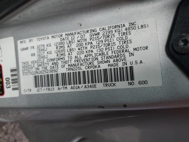 5TETX22N18Z523892 - 2008 TOYOTA TACOMA ACCESS CAB SILVER photo 13