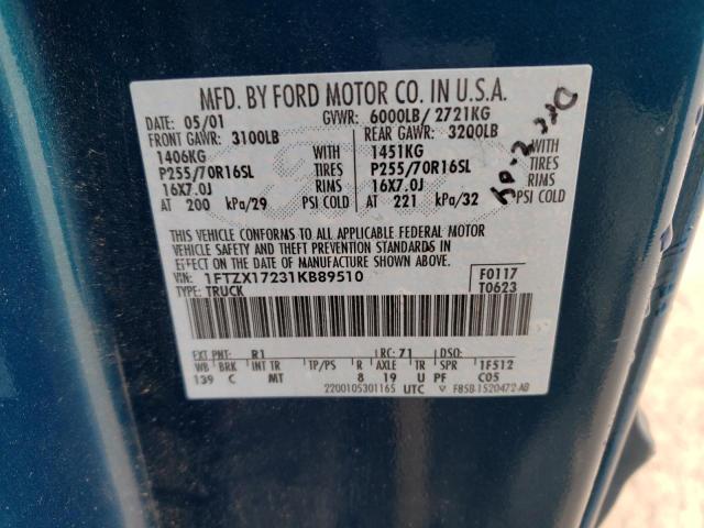 1FTZX17231KB89510 - 2001 FORD F150 GREEN photo 12