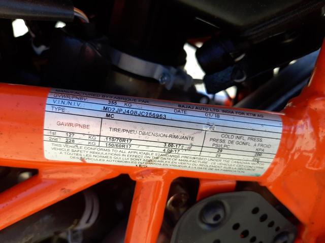 MD2JPJ408JC256963 - 2018 KTM 390 DUKE ORANGE photo 10