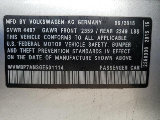 WVWBP7AN3GE501114 - 2016 VOLKSWAGEN CC BASE SILVER photo 12