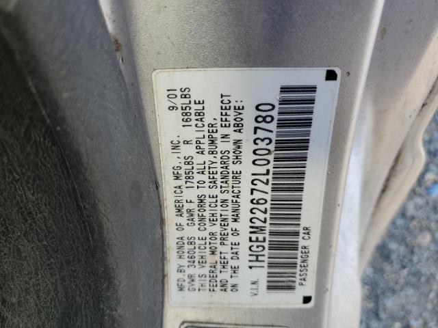 1HGEM22672L003780 - 2002 HONDA CIVIC LX SILVER photo 12