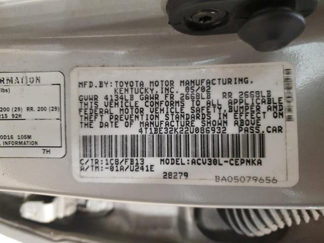 4T1BE32K22U086932 - 2002 TOYOTA CAMRY LE SILVER photo 12