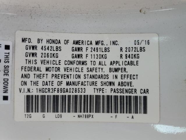 1HGCR3F89GA028533 - 2016 HONDA ACCORD EXL WHITE photo 12