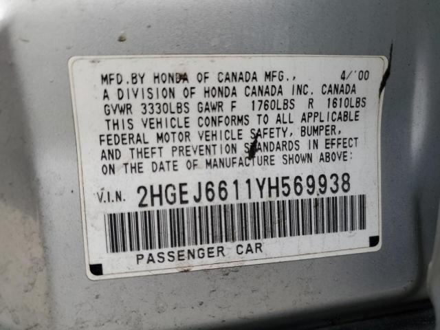 2HGEJ6611YH569938 - 2000 HONDA CIVIC BASE SILVER photo 12