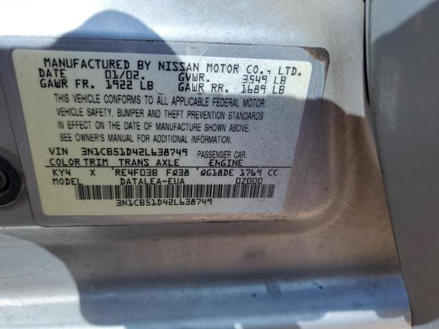 3N1CB51D42L638749 - 2002 NISSAN SENTRA XE SILVER photo 12