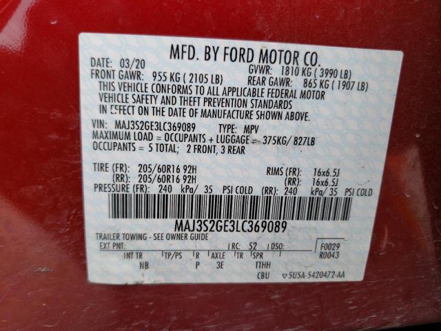 MAJ3S2GE3LC369089 - 2020 FORD ECOSPORT SE RED photo 12