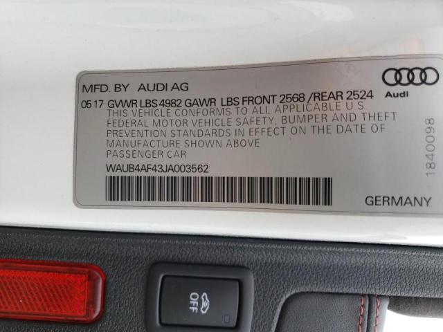 WAUB4AF43JA003562 - 2018 AUDI S4 PREMIUM PLUS WHITE photo 13