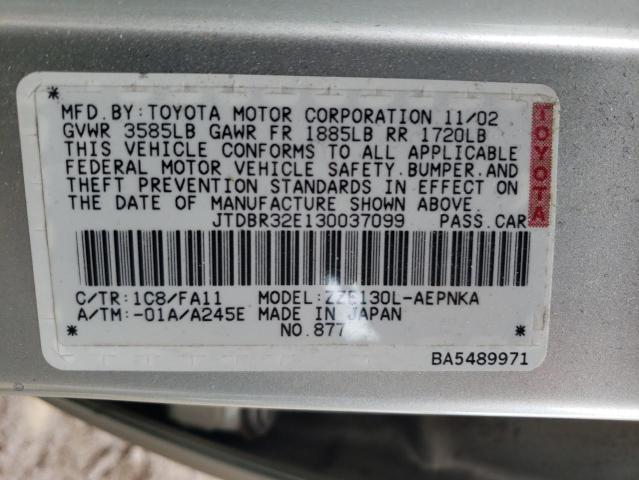 JTDBR32E130037099 - 2003 TOYOTA COROLLA CE SILVER photo 12