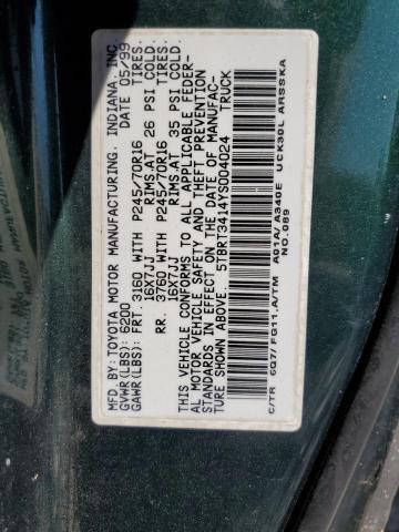5TBRT3414YS004024 - 2000 TOYOTA TUNDRA ACCESS CAB 绿色 照片 13