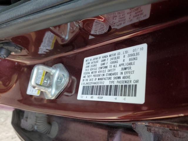 JH4CU2F64AC037012 - 2010 ACURA 1.6 EL BURGUNDY photo 12