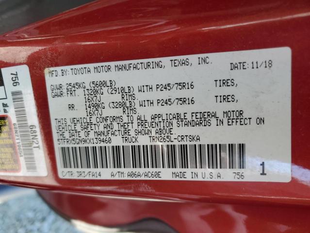 5TFRX5GN9KX139460 - 2019 TOYOTA TACOMA ACCESS CAB RED photo 12