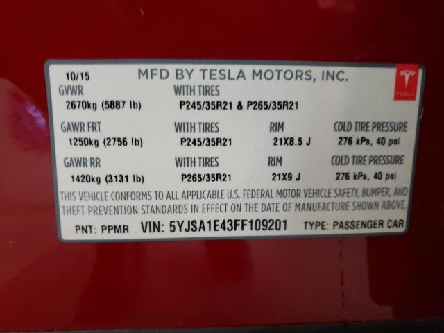 5YJSA1E43FF109201 - 2015 TESLA MODEL S წითელი ფოტო 13